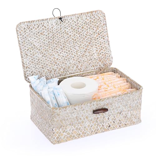 Sumnacon Small Wicker Basket with Lid Rectangle Woven Baskets for Toiletries Tampon Storage,Wicker Storage Basket with Lid,Decorative Seagrass Storage Baskets for Shelf Bathroom Toilet Table,Whitewash - color: Whitewash, size: Small