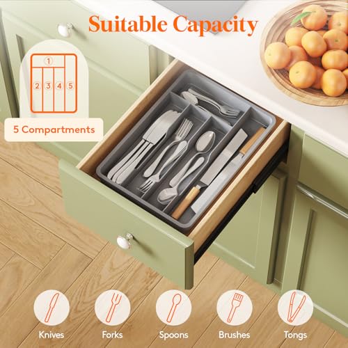 Lifewit Silverware Drawer Organizer Tray, Plastic Cutlery Storage for Kitchen, Flatware and Utensil Holder Divider for Spoons Forks Knives Tableware, 9.5 x 13.4", 5 Slots, Gray - color: Gray, size: 9.5 x 13.4 inch (5 Slots)