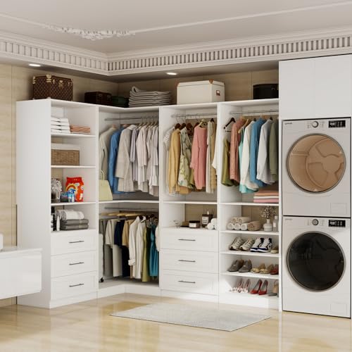 Vomavex Closet System with 4 sets, 101.9" Closet Organizer Systems with 6 Drawers & 8 Hanging Rods & Adjustable Shelves, Walk in Closet Standing Closet System, Corner Closet System Set, White