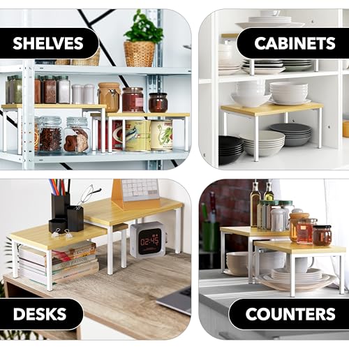 Simple Houseware Expandable Stackable Cabinet and Counter Shelf Organizer with Wooden Surface, 7.6'' D x 11.75'' W x 6.1'' H, Oak - color: Oak