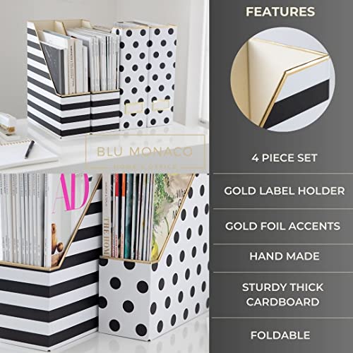 BLU MONACO | Cardboard Magazine File Holder Set of 4 | Vertical Magazine File Holder for Desk and Shelves | Standing File Holder for Classroom School Paper Storage - color: Gold Dots Black Stripes