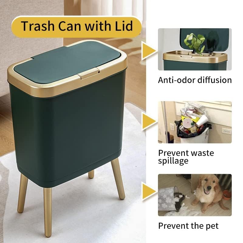 Procade Trash Can with Lid,Small Bathroom Garbage Can with Lid, Plastic Trash Can with Push Button,Narrow Waste Basket for Bedroom,Living Room, Toilet,Office,Kitchen,4 Gal-Gold Edge - color: Green