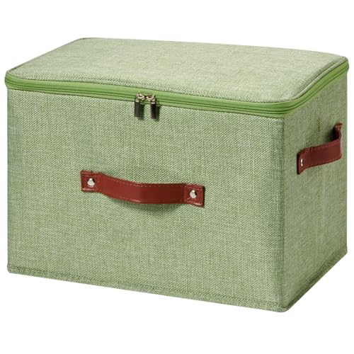 Storage Bin Box with Zippered Lid Cotton Linen Fabric Decorative Basket PU Leather Handles PP Plastic Board Foldable Lidded Clothing Shelf Closet Organizer Container (Light Green, Large) - color: Light Green, size: Large ( Pack of 1 )