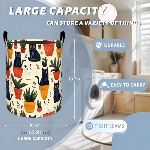 Cute Black Cat with Potted Plants Laundry Basket with Handles, 19.7"x15.7" Clothes Foldable Laundry Hamper Organizer for Dorm Nursery Bedroom Bathroom Decor, Toy Storage Bin for Kids - style: Black Cat19