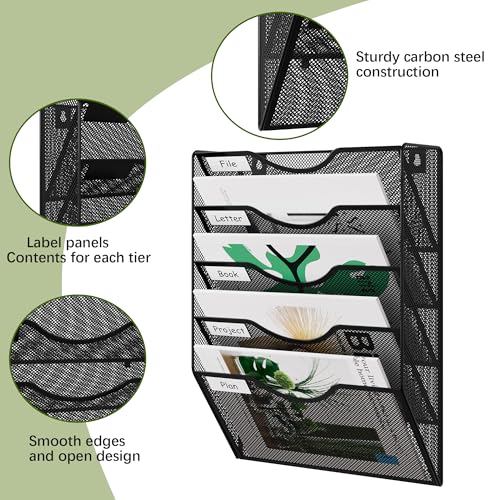 EasyPAG Wall File Organizer 5 Tier Hanging Paper Folder Holder, Zero Assembly Metal Mesh Wall Mounted Mail Organizer for Office Home Classroom Narrow Spaces, Black - color: Black, size: 5 Tier