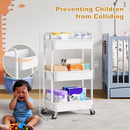 3 Tier Rolling Cart with Wheels, White Plastic Three Tiered Roller Shelf Cart on Lockable Wheels, Small Utility Storage Organzier Carts for Craft, Art, Baby Diaper Caddy, Snack, Dorm, Kitchen,Bathroom - color: White