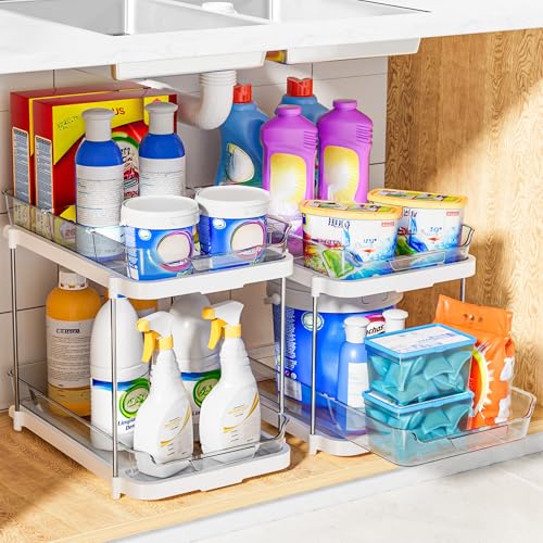 Delamu 2-Tier Multi-Purpose Bathroom Under Sink Organizers and Storage, Stackable Kitchen Pantry Organization, Pull Out Medicine Cabinet Organizer with Movable Dividers, White, 4Pack - color: White, size: 4 Pack