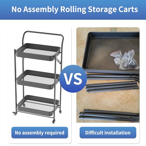 JAQ No Assembly Foldable Rolling Cart, 3 Tier Black Metal Folding Utility Cart with Handle, Heavy Duty Mobile Storage Organizer on Wheels for Office, Garage, Tools & Kitchen (Black) - color: Black/3-tier, size: No Assembly