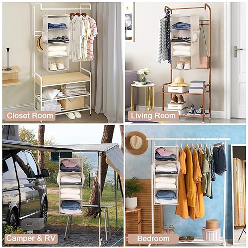 MAX Houser 4 Tier Shelf Hanging Closet Organizer, Space Saver,Closet Hanging Shelf with 2 Sturdy Hooks for Storage, Foldable (Beige) - color: Beige-4