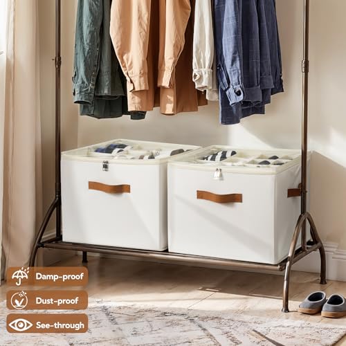 VZZNN 2 Pack Shoe Organizer for Closet, Foldable Shoe Storage Bins with Clear Cover and Adjustable Dividers, Fits up to 16 Pairs, Large Shoe Box Storage Containers with Reinforced Handles (Beige) - color: Beige