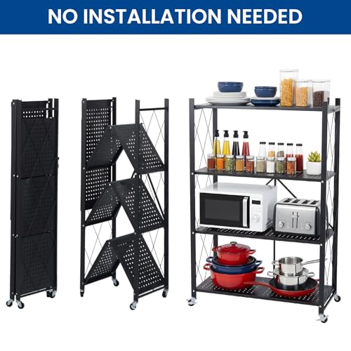 4 Tier Foldable Storage Shelf with Wheels, Collapsible Metal Rack Shelving Unit, No Assembly Required, Rolling Cart Shelf Rack Organizer for Books, Garage, Kitchen, Closet, Pantry, Exhibition, Black - size: 4-Tier
