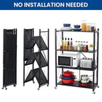4 Tier Foldable Storage Shelf with Wheels, Collapsible Metal Rack Shelving Unit, No Assembly Required, Rolling Cart Shelf Rack Organizer for Books, Garage, Kitchen, Closet, Pantry, Exhibition, Black - size: 4-Tier