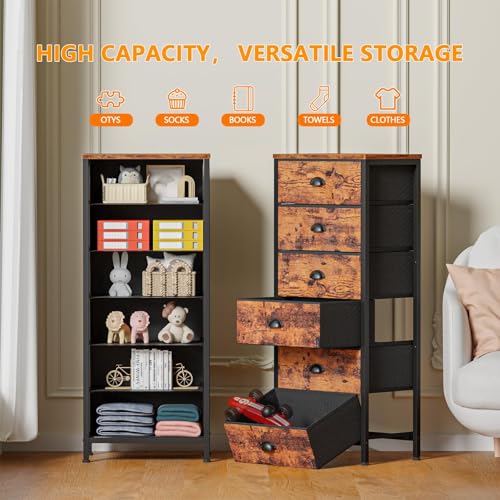 Furnulem Tall Dresser with 6 Drawers,Vertical End Table and Nightstand for Bedroom,Industrial Dorm Bedside Furniture with Fabric Storage Drawer Organizer in Living Room,Closet,Entryway(Rustic Brown) - color: Rustic Brown, size: 11.5"D x 16"W x 39.6"H (6 D