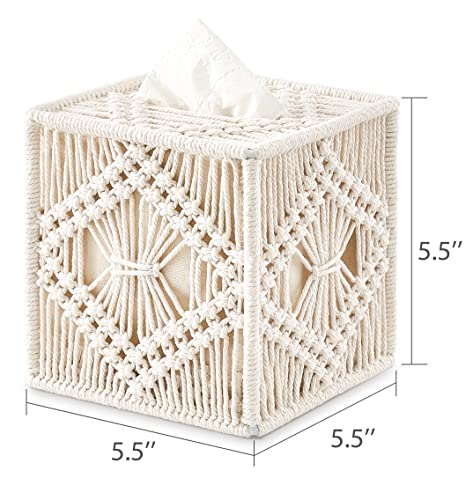 Mkono Tissue Box Cover Macrame Square Open-Bottom Tissue Box Holder Boho Decor Tissue Organizer Bohemian Handmade Woven Tissue Cube Box for Bathroom Bedroom Dresser Living Room Office Dorm, Ivory - color: Ivory