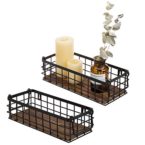 MyGift Set of 2 Black Wire Baskets for Organizing – Storage Baskets/Pantry Baskets for Shelves & Wall - color: Black, Burnt Wood