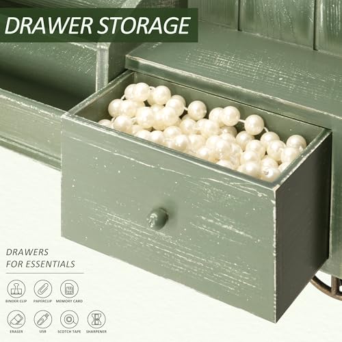 Rebee Vision Farmhouse Key Holder Wall Mount with Mail Sorter - Stylish Mail Organizer with Key Hooks and Drawer Organizer for Home Decor - Rustic Apartment Essentials for Home Improvement (Green) - color: Green