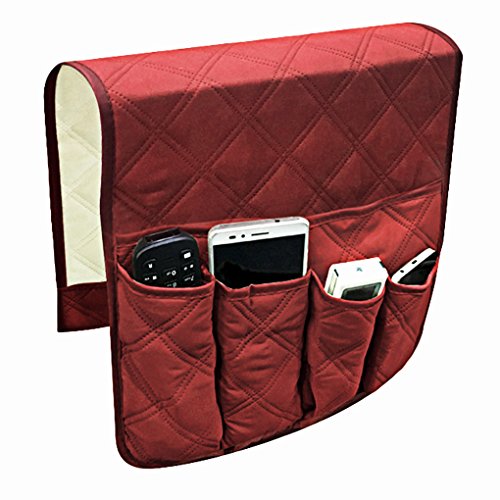 IPENNY Couch Sofa Armrest Organiser Chair TV Remote Holder Bed Storage Pocket Bag for Cellphone Tablet Notepad Book Magazines DVD Eyewears Drinker Snacks Holder Pouch - color: Red (5 pockets)
