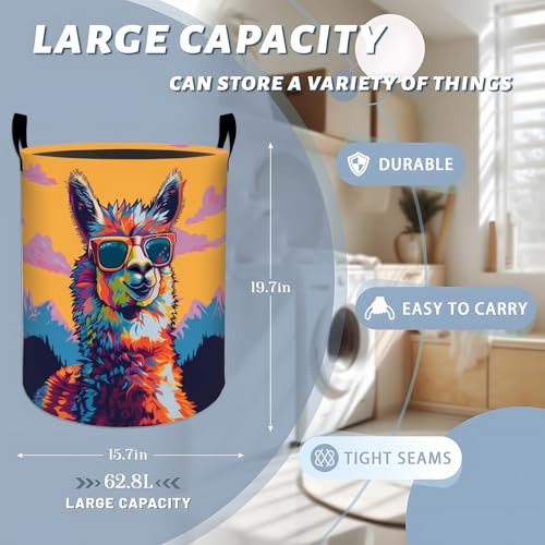 Colorful Llama with Cool Sunglasses Laundry Basket with Handles, 19.7"x15.7" Clothes Foldable Laundry Hamper Organizer for Dorm Nursery Bedroom Bathroom Decor, Toy Storage Bin for Kids - style: Llama54