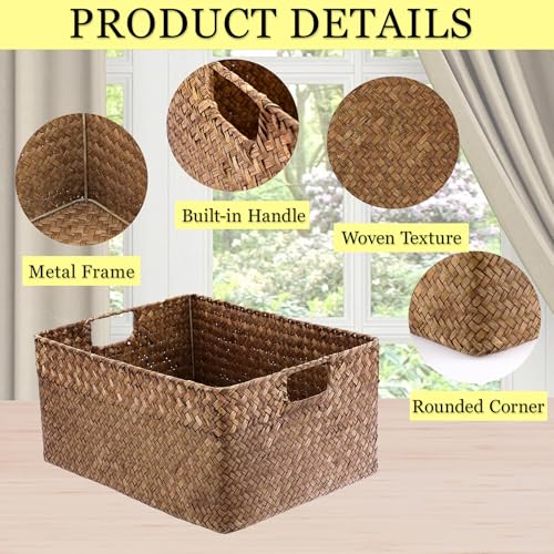 Hipiwe Seagrass Storage Baskets Bin for Shelf Handwoven Wicker Baskets Built-in Handles Rectangular Closet Bedroom Organizer Box Multipurpose Storage Basket Organizer,16.1"L x11.8"W x7.7"H - color: Coffee, size: X-Large,16.1"x11.8"x7.7"