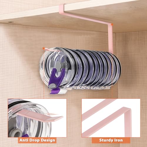 Tumbler Lid Organizer, Horizontal Tumbler Lid Storage Hook Up to 10 Lids, Space Saving Cup Lid Holders Under Cabinet Tumbler Lid Hook for Kitchen Organizer and Storage, Paper Towel Rack Hanger (Pink) - color: Pink, size: 1 Pack