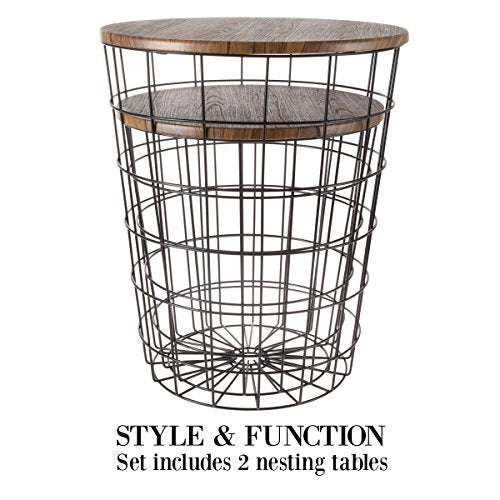 Lavish Home End Tables Set of 2 - Nesting Tables with Removable Wood Tops and Metal Basket Bases for Blanket Storage - Round Side Pieces for Living Room, Bedroom, or Home Office (Brown/Black) - color: Round Brown