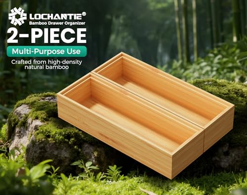Bamboo Kitchen Drawer Organizer Boxes – 9" x 3" Stackable Wood Silverware Utensil Tray for Drawers Bins, Cutlery & Flatware Storage – Wooden Organizers Set of 2 for Junk Drawer, Bathroom, RV - size: 9" x 3" x 2"
