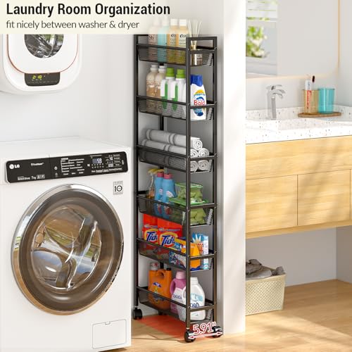 ThreeHio 6 Tier Slim Storage Cart, Narrow Cart with Wheels, Metal Mobile Shelving Unit Organizer for Kitchen, Bathroom, Laundry Room, Living Room & Narrow Spaces, Black, 6in(W) - color: Black, size: 6 Tier(6 inches)