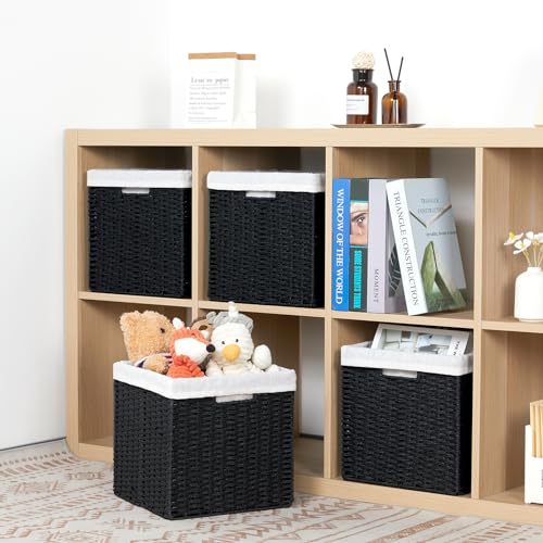 DULLEMELO Wicker Storage Baskets for Shelves, Woven Cube Storage Bins Set of 4, 11x11x11 inch Foldable Wicker Baskets for Shelves,Closet, Clothes, Toys-Black - color: Black, size: 11"-4 pack