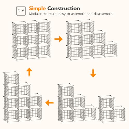 HOOBRO Floating Shelves for Wall and Wire Cube Storage Organizer, Wall Mounte, Wall Mounted Shelf Set of 2, 9-Cube Shelves, Modular Shelves with Metal Grid, DIY Closet Cabinet BF60BJ01-BF09CW01