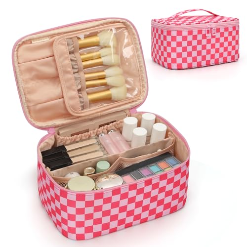 OCHEAL Makeup Bag Portable Cosmetic Bag For Women, Large Capacity Travel Makeup Case Organizer, Toiletry Bag for Girls Traveling With Handle and Divider-Pink - color: 0021_Grid Rose Red, size: Medium