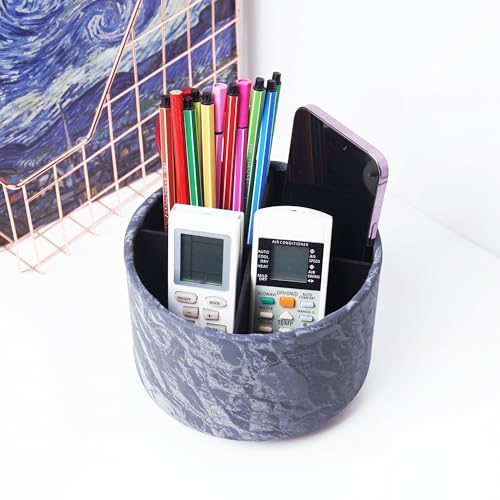 Hennaja Round Leather Art Supply Organizer,Remote Control Holder,360 Degree Spinning,Multi-Functional Pencil Holder,4 Compartments Desktop Stationary Organizer(1-Hill Blue) - color: 1-Hill Blue