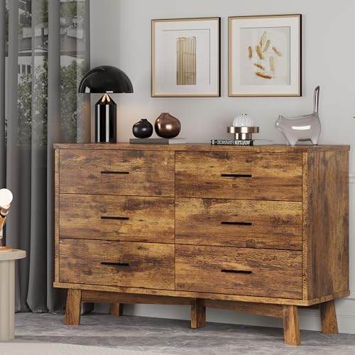 Xixini Dresser for Bedroom, 6 Drawer Wide Modern Chest of Drawers with X-Shaped Sturdy Base, Wood Double Dresser Closet Clothes Storage Organizer, Wooden TV Stand for Living Room, Hallway, Brown - color: Brown, size: 15.6"D x 47.2"W x 29.5"H (6 Drawers)