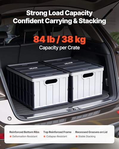 VEVOR Plastic Collapsible Storage Bins with Lids, 65L 2 Packs, Stackable Folding Storage Crates with Handles, Holds 84 lbs Per Bin, Heavy Duty Containers, Space-Saving Baskets, for Home Organizing - size: 65L-Grey-2PC