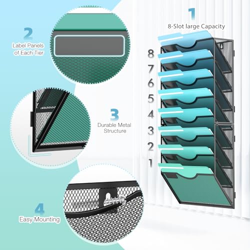 Gawerk 8-Tier Wall File Organizer Hanging Wall File Holder Wall Mount Paper Folder Organize, Mesh Magazine Document Mail Organizer Wall Organizer for Office School Home, Black - color: Black, size: 8-T