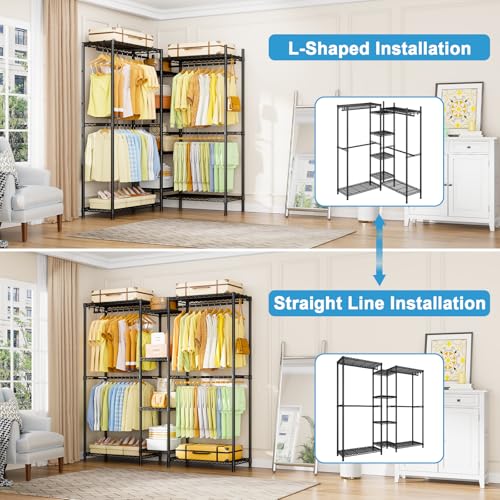 Ulif E4 Clothes Rack, Heavy-Duty Garment Rack, Metal Freestanding Clothing Organization Storage System Can Be L-Shaped with Shelves and Hangers, Max Load 962lbs, 71.6" W x 14.5" D x 79.3" H, Black - color: Black