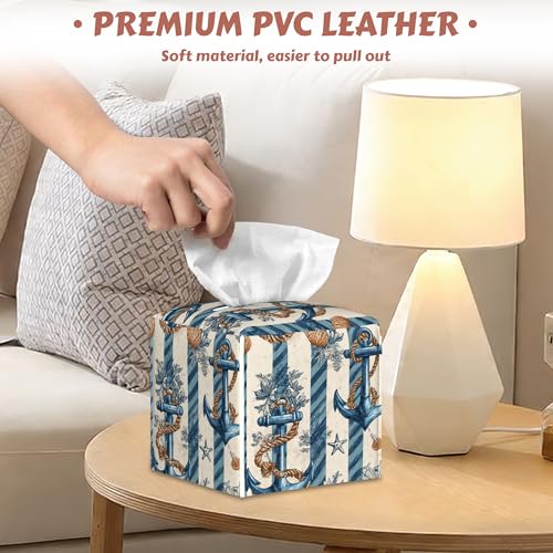 2 Pcs Tissue Box Cover Square,Anchor Starfish Tissue Box Holder Leather Facial Paper Organizer Dispenser for Bathroom Kitchen Bedroom Night Stand Office Desk - color: Anchor Starfish