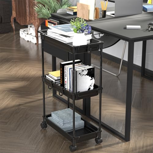 SimpleHouseware Standard 3-Tier Slim Rolling Storage Cart, Black - color: Black
