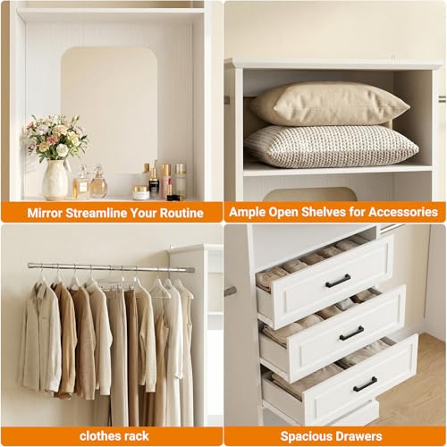 Unikito Closet System, 4FT - 9FT Closet Organizer with Mirror, Luxury Walk in Closet Insert with Drawers and 4 Hanging Rods, Sturdy Wood Wardrobe Closet Garment Rack with 25” Tower, White - color: White