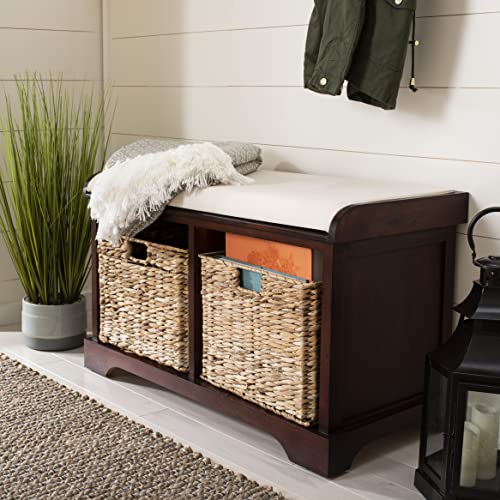 SAFAVIEH Home Collection – Freddy Cherry Storage Bench with Wicker Baskets & Cushion, Entryway Seating Bench, Fully Assembled (AMH5736E) - color: Cherry