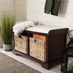 SAFAVIEH Home Collection – Freddy Cherry Storage Bench with Wicker Baskets & Cushion, Entryway Seating Bench, Fully Assembled (AMH5736E) - color: Cherry