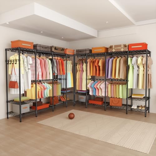 Golpart Heavy Duty Garment Rack Clothes Rack,Large Metal Closet Organizer System Storage Wardrobe,Freestanding Clothing Rack with Adjustable Wire Shelves& Hang Rods,MaxLoad 1000lbs - color: Black, size: 15.75"D x 68.9"W x 77"H