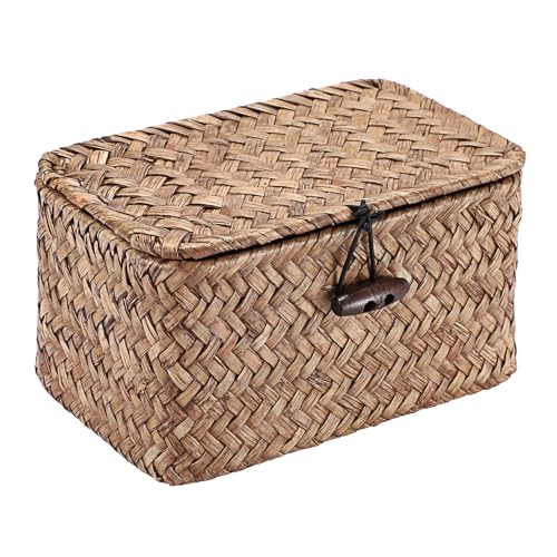 Hipiwe Seagrass Basket Key Holder Box for Entryway Tabletop Desk Organizer with Lid Handwoven Wicker Storage Bin for Hair Ties Candy, 6.1"L x 4.0"W x 3.3"H - color: Coffee color, size: 6.1" x 4.0" x 3.3"