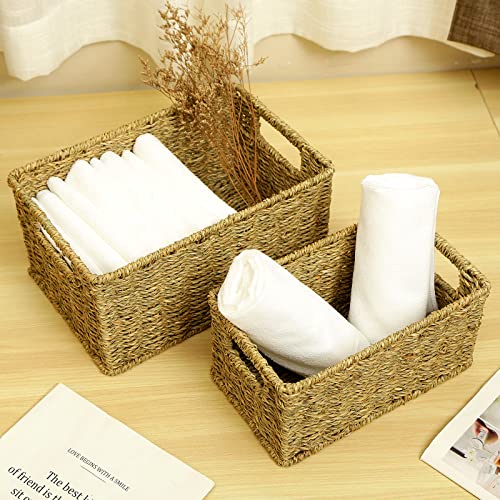 HOONEX Wicker Baskets for Storage, Seagrass Baskets with Dual Handles, Woven Baskets for Shelves, Set of 2, Natural - color: Natural (Seagrass), size: 12 x 8 x 6 inches