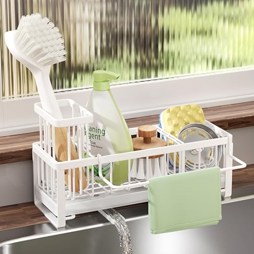 SWTYMIKI Sponge Holder for Kitchen Sink - Sink Caddy with Brush Holder Self-draining Sponge Caddy Organizer with Divider Stainless Steel Kitchen Accessories Storage for Countertop, White - color: White