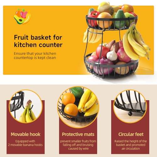 Sevenblue 2 Tier Fruit Basket for Kitchen Counter with 2 Banana Hangers, 2026 Pro Detachable Metal Fruit Bowl with Wooden Handle,Fruit Holder for Bread Snack Veggies, Black Extra Large - color: Black, size: 2 Tier Extra Large
