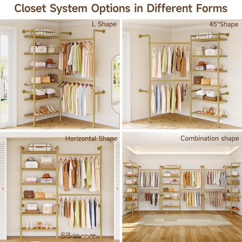 L2 Wall Mounted Closet System, Industrial Pipe Clothing Rack Clothes Racks with 2 Telescopic Rod & 6 Shelves, Heavy Duty Closet Organizers System in Wardrobe Closet, Gold - color: Gold