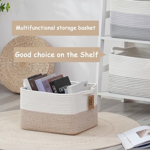 COMFY-HOMI Cotton Rope Woven Basket with Handles for Shelves,Toys,Book, Cloth Storage Baskets for Organizing-13.5" x 11" x 9.5" Toy Decorative Organizer for Living Room, Bathroom （White/Brown） - color: White/Brown, size: 13.5"X11"X9.5"