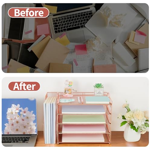 AUPSEN Rose Gold Desk Organizers and Accessories, 5-Tier Desktop Paper File Organizer with Removable File Holder, Desk Accessories & Workspace Organization for Home Office Supplies (Rose Gold) - color: Rose Gold