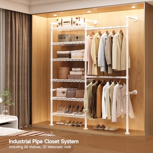 Wall Mounted Garment Rack, Walk-in Closet System with Expandable Rods, Adjustable Shelves, Industrial Pipe Clothing Racks, Hanging Clothes Organizers and Storage, Metal Closet Shelving Wardrobe - color: White