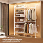 Wall Mounted Garment Rack, Walk-in Closet System with Expandable Rods, Adjustable Shelves, Industrial Pipe Clothing Racks, Hanging Clothes Organizers and Storage, Metal Closet Shelving Wardrobe - color: White